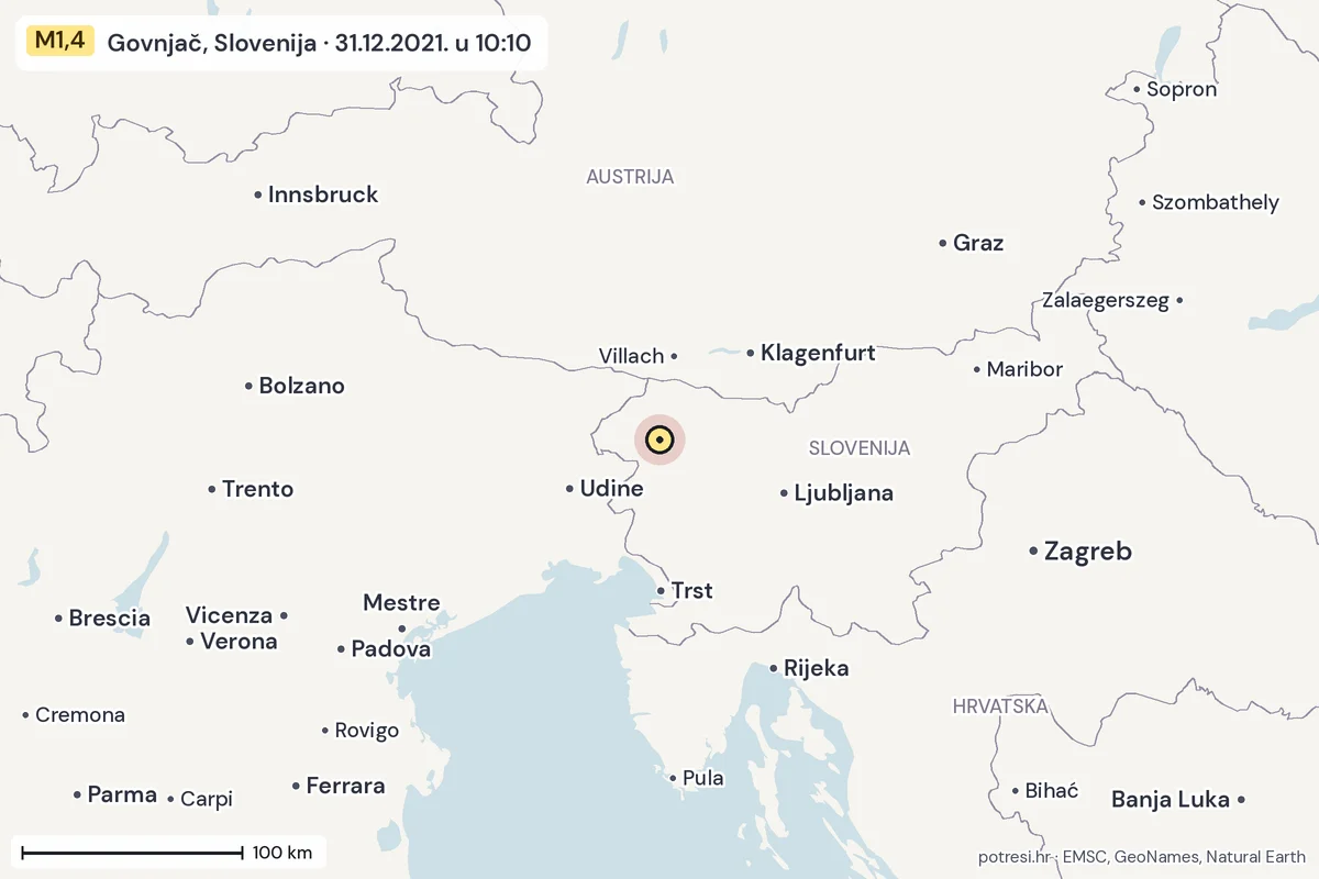 Karta: šire područje, 600 km, potres M1,4, Govnjač, Slovenija, 31.12.2021.