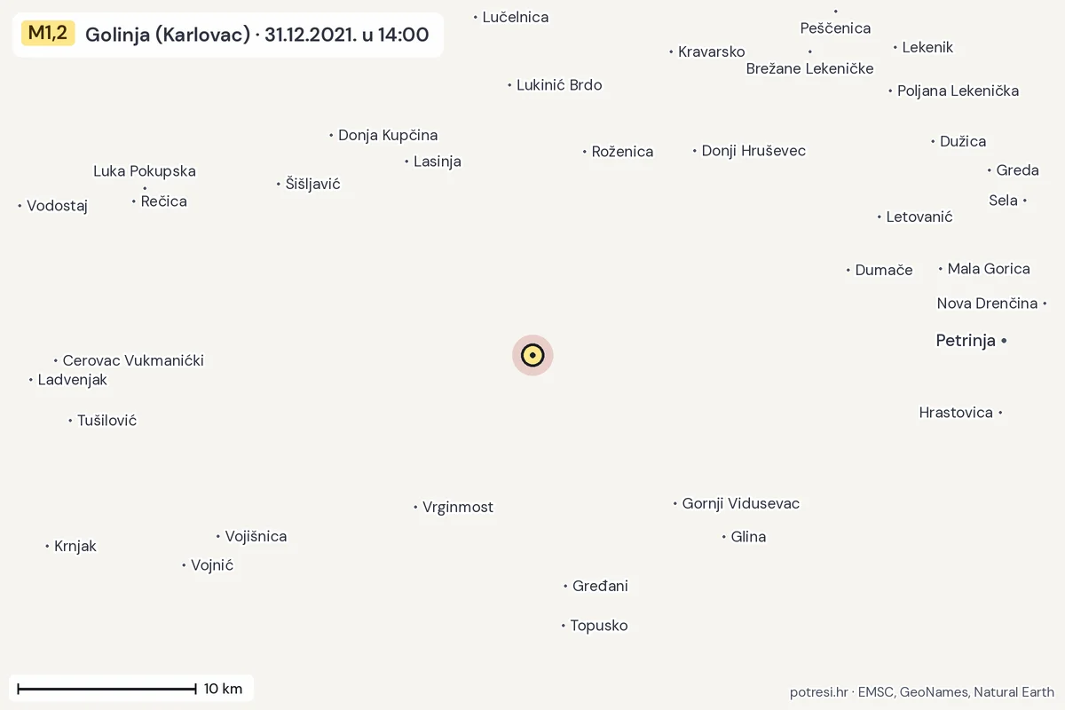 Karta: okolica epicentra, 60 km, potres M1,2, Golinja (Karlovac), 31.12.2021.