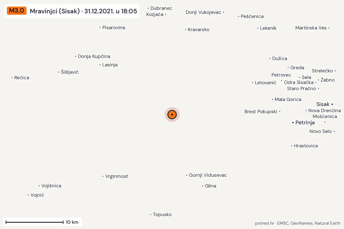 Karta: okolica epicentra, 60 km, potres M3,0, Mravinjci (Sisak), 31.12.2021.