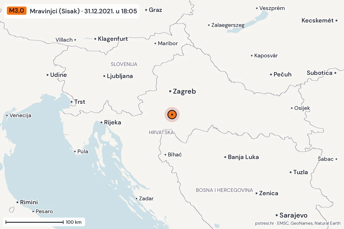 Karta: šire područje, 600 km, potres M3,0, Mravinjci (Sisak), 31.12.2021.