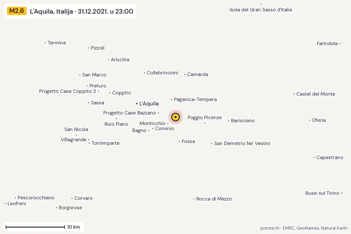 Karta: okolica epicentra, 60 km, potres M2,6, L'Aquila, Italija, 31.12.2021.
