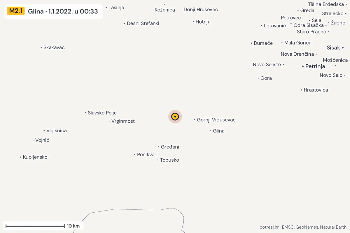Karta: okolica epicentra, 60 km, potres M2,1, Glina, 1.1.2022.