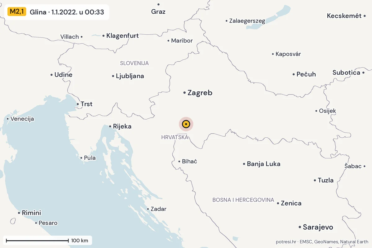 Karta: šire područje, 600 km, potres M2,1, Glina, 1.1.2022.