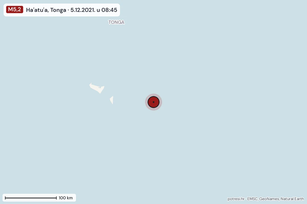 Karta: šire područje, 600 km, potres M5,2, Ha'atu'a, Tonga, 5.12.2021.