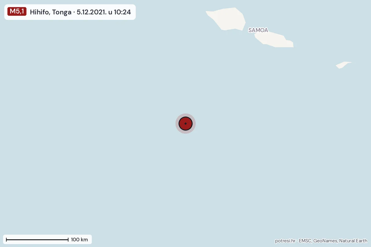 Karta: šire područje, 600 km, potres M5,1, Hihifo, Tonga, 5.12.2021.