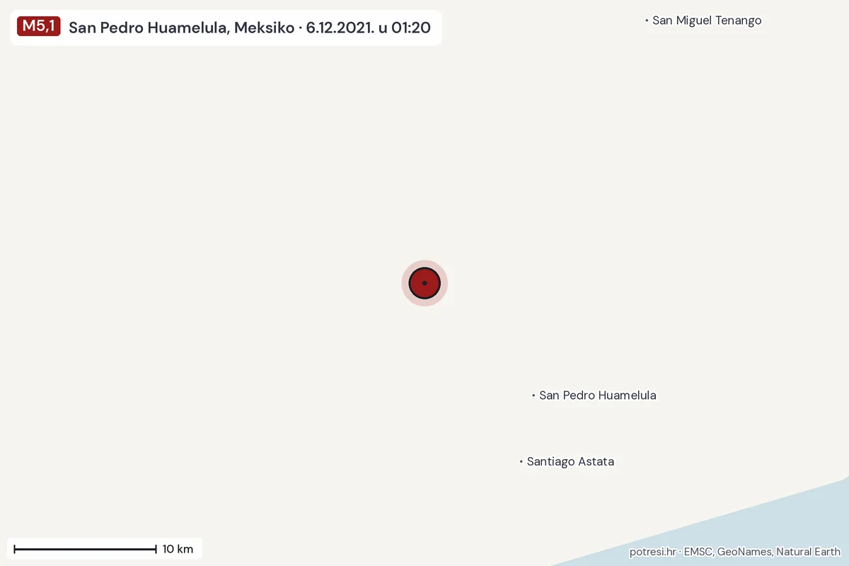 Karta: okolica epicentra, 60 km, potres M5,1, San Pedro Huamelula, Meksiko, 6.12.2021.