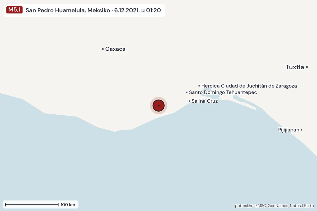 Karta: šire područje, 600 km, potres M5,1, San Pedro Huamelula, Meksiko, 6.12.2021.