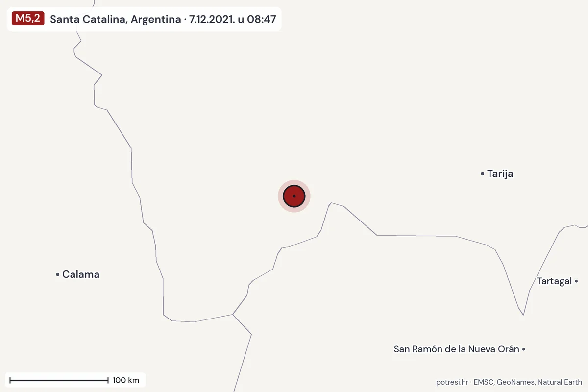 Karta: šire područje, 600 km, potres M5,2, Santa Catalina, Argentina, 7.12.2021.