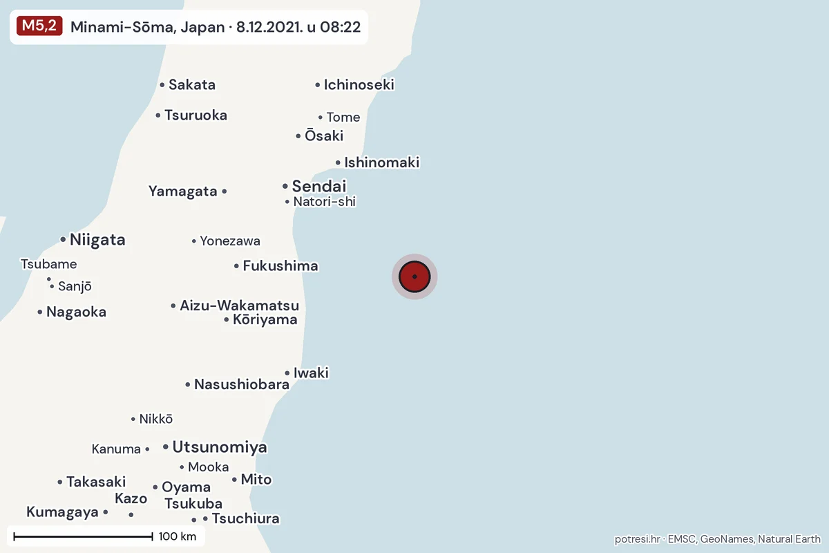 Karta: šire područje, 600 km, potres M5,2, Minami-Sōma, Japan, 8.12.2021.