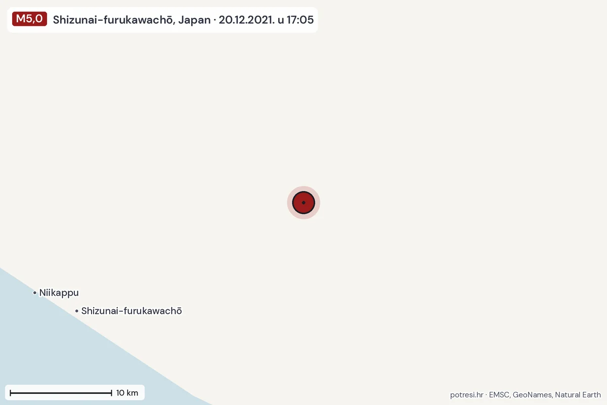 Karta: okolica epicentra, 60 km, potres M5,0, Shizunai-furukawachō, Japan, 20.12.2021.