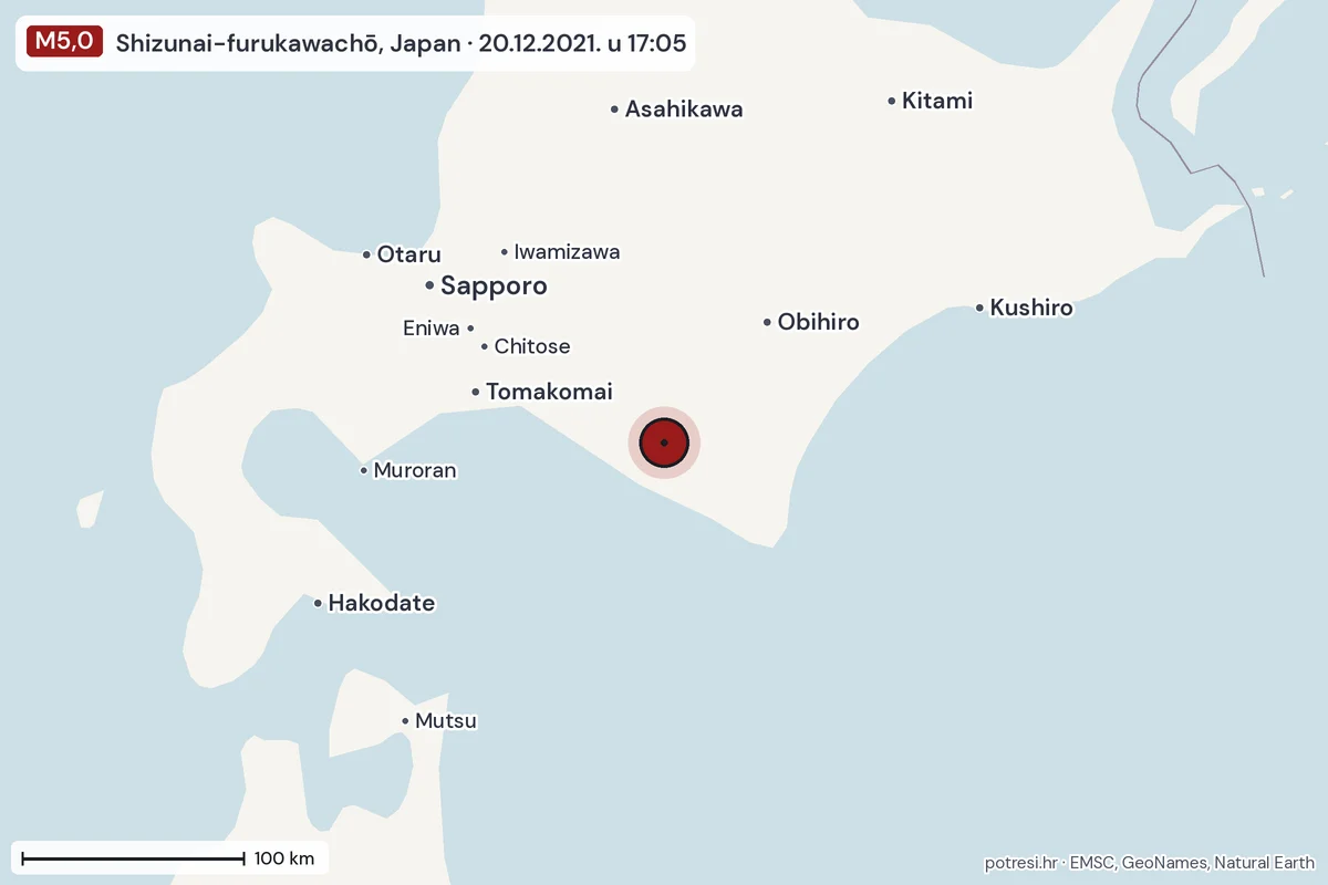 Karta: šire područje, 600 km, potres M5,0, Shizunai-furukawachō, Japan, 20.12.2021.