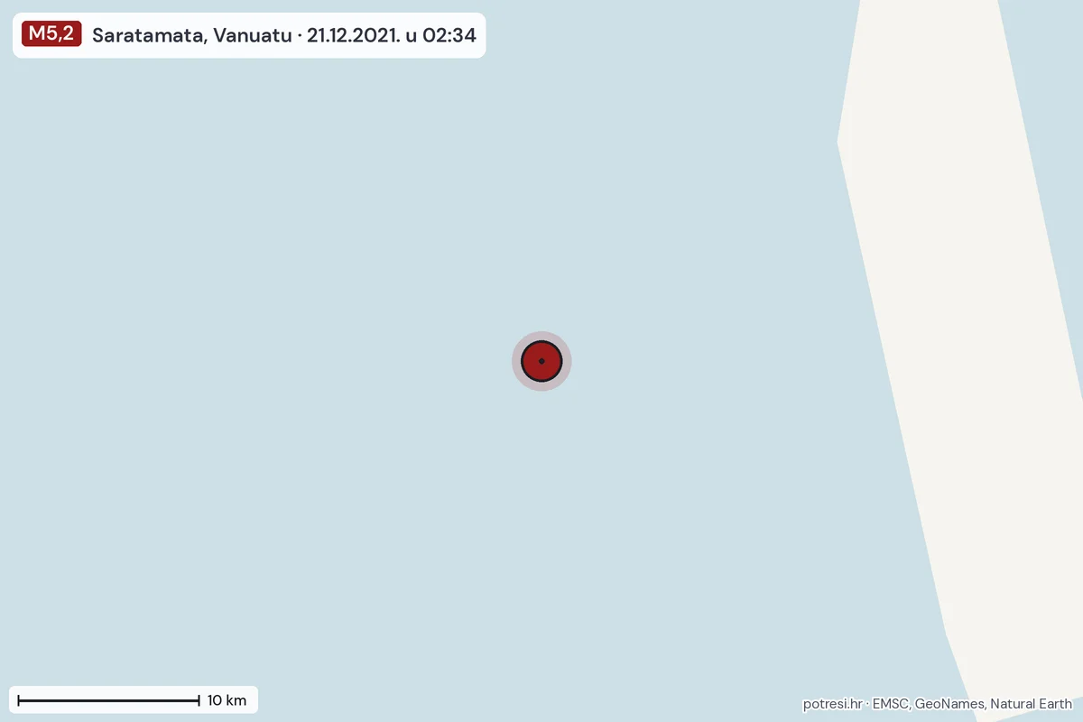 Karta: okolica epicentra, 60 km, potres M5,2, Saratamata, Vanuatu, 21.12.2021.