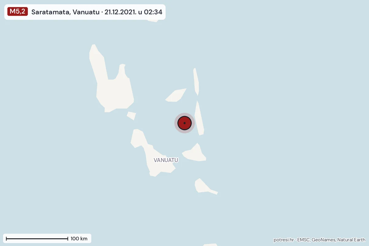 Karta: šire područje, 600 km, potres M5,2, Saratamata, Vanuatu, 21.12.2021.