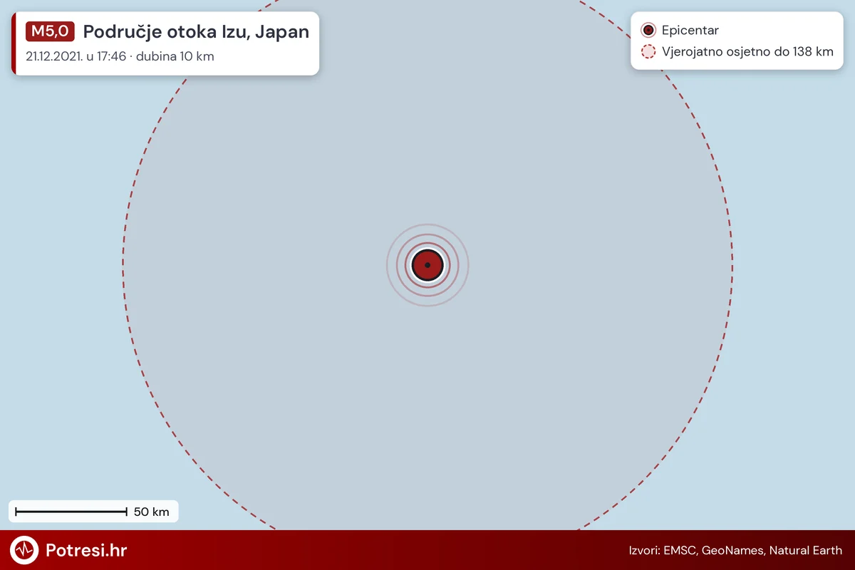 Karta: šire područje i vjerojatni doseg osjeta, potres M5,0, Područje otoka Izu, Japan, 21.12.2021.