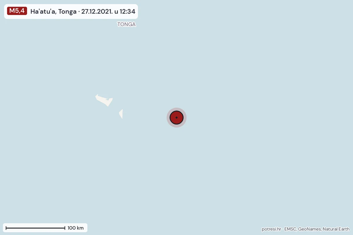 Karta: šire područje, 600 km, potres M5,4, Ha'atu'a, Tonga, 27.12.2021.