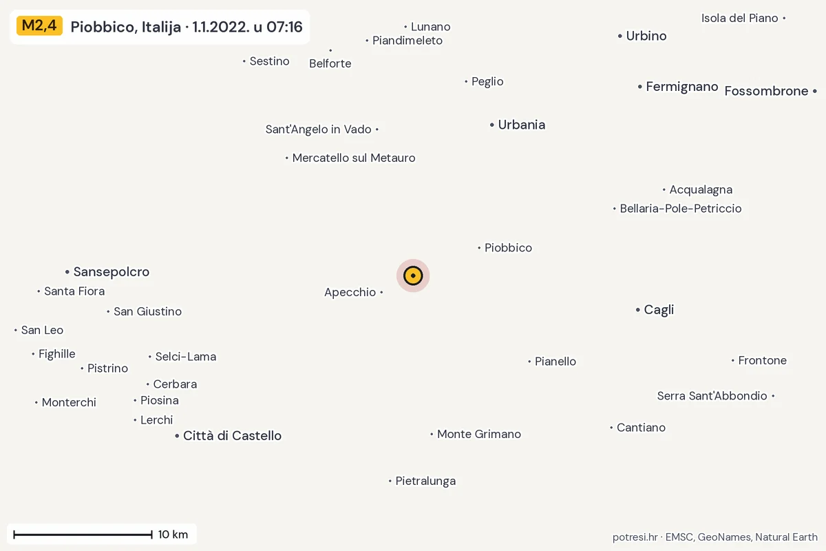 Karta: okolica epicentra, 60 km, potres M2,4, Piobbico, Italija, 1.1.2022.