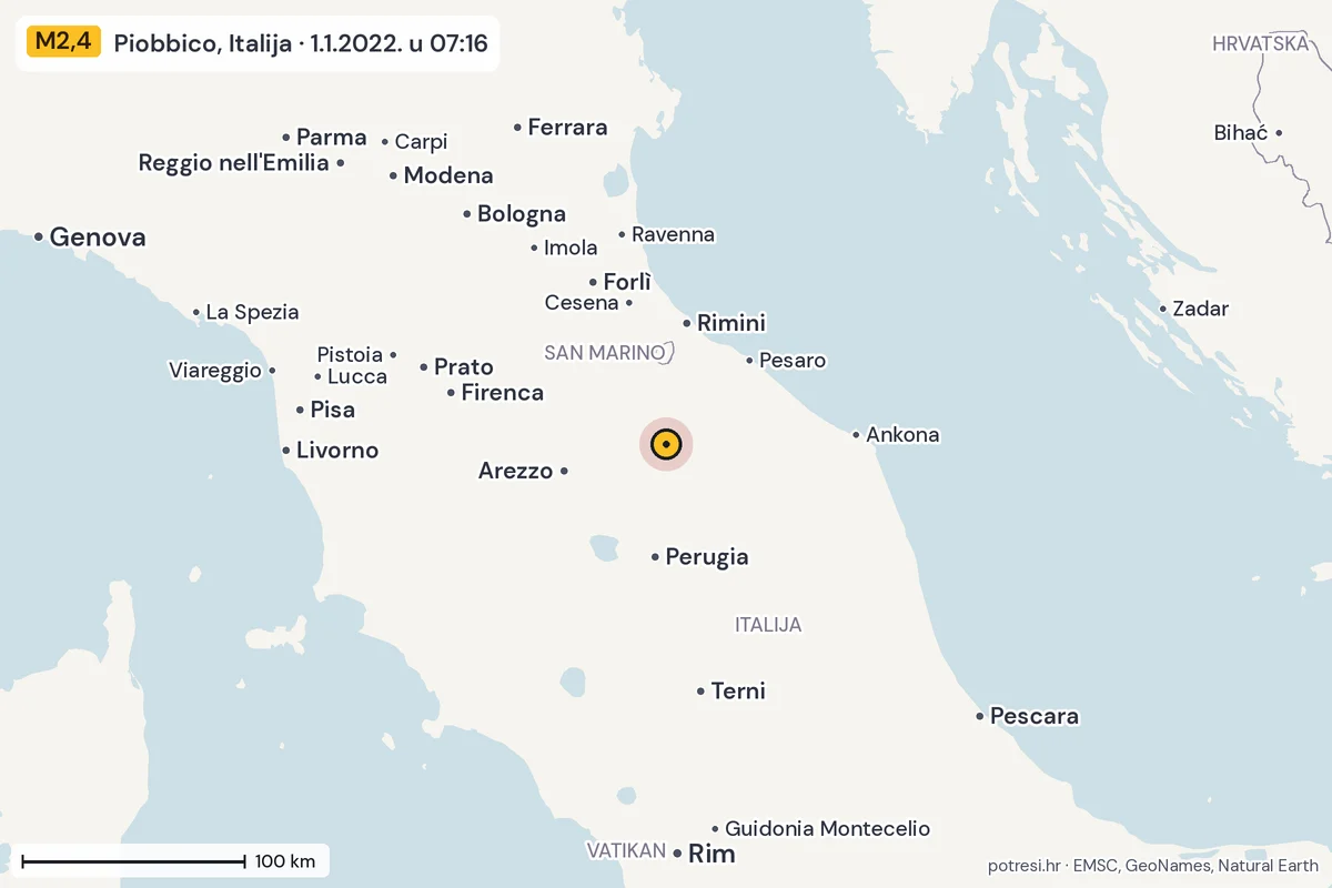 Karta: šire područje, 600 km, potres M2,4, Piobbico, Italija, 1.1.2022.