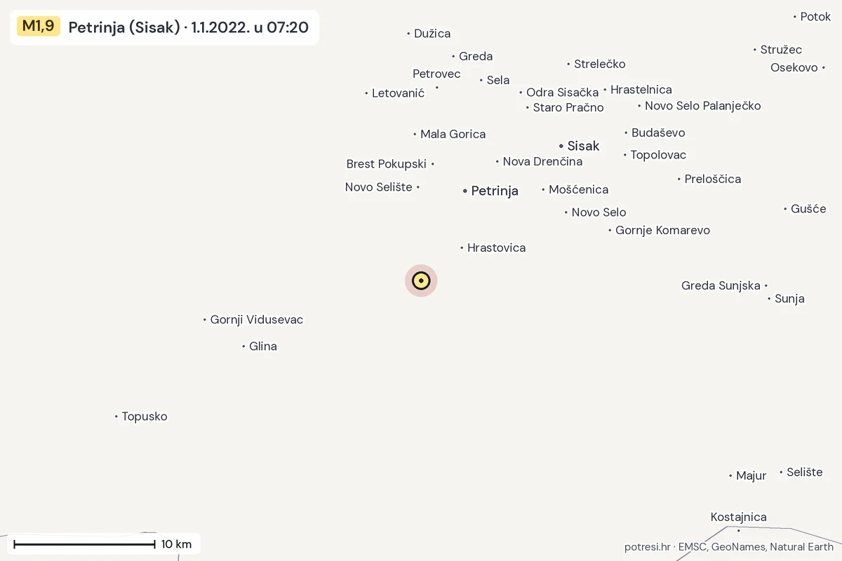 Karta: okolica epicentra, 60 km, potres M1,9, Petrinja (Sisak), 1.1.2022.