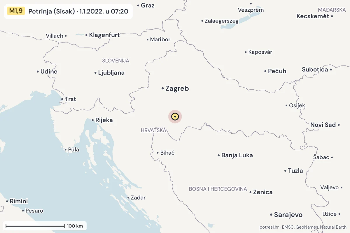 Karta: šire područje, 600 km, potres M1,9, Petrinja (Sisak), 1.1.2022.