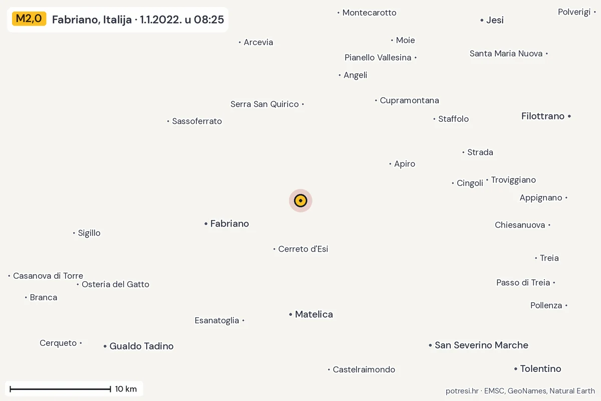 Karta: okolica epicentra, 60 km, potres M2,0, Fabriano, Italija, 1.1.2022.