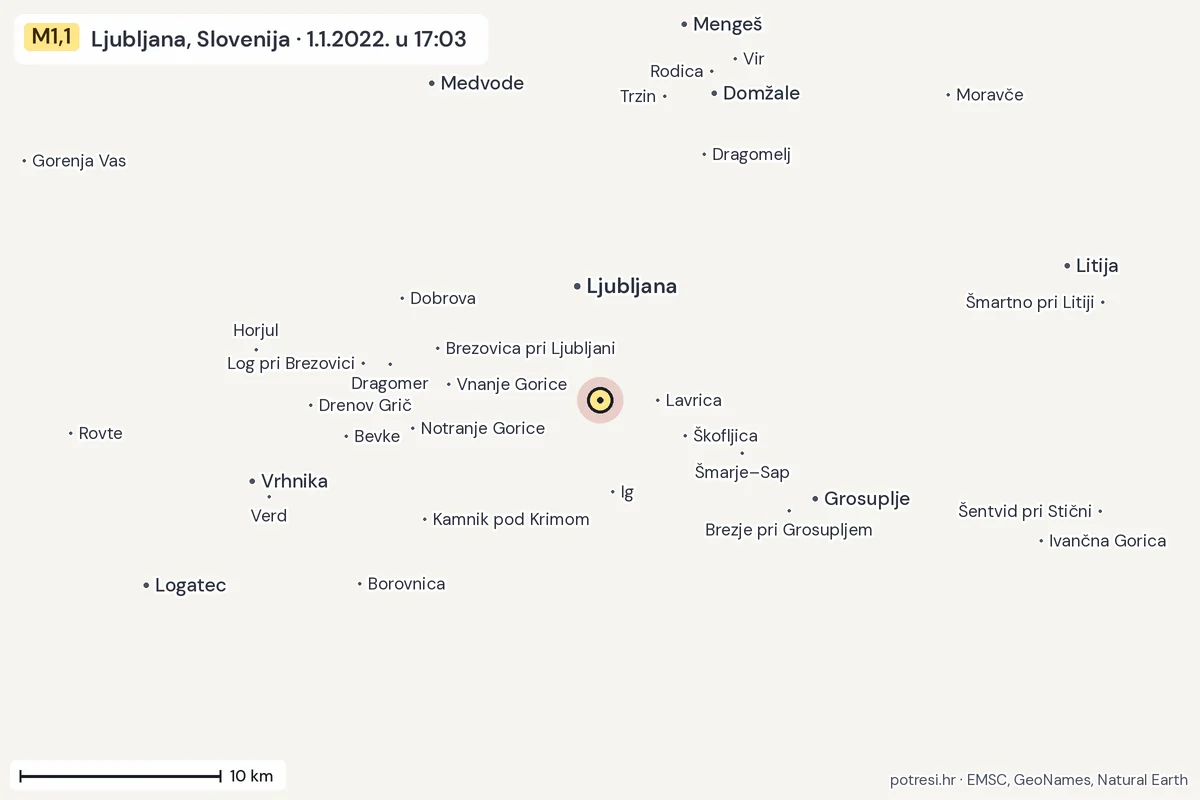 Karta: okolica epicentra, 60 km, potres M1,1, Ljubljana, Slovenija, 1.1.2022.