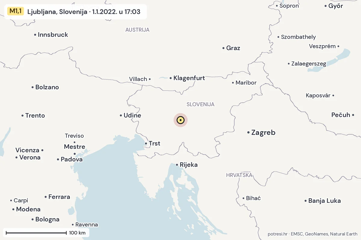 Karta: šire područje, 600 km, potres M1,1, Ljubljana, Slovenija, 1.1.2022.