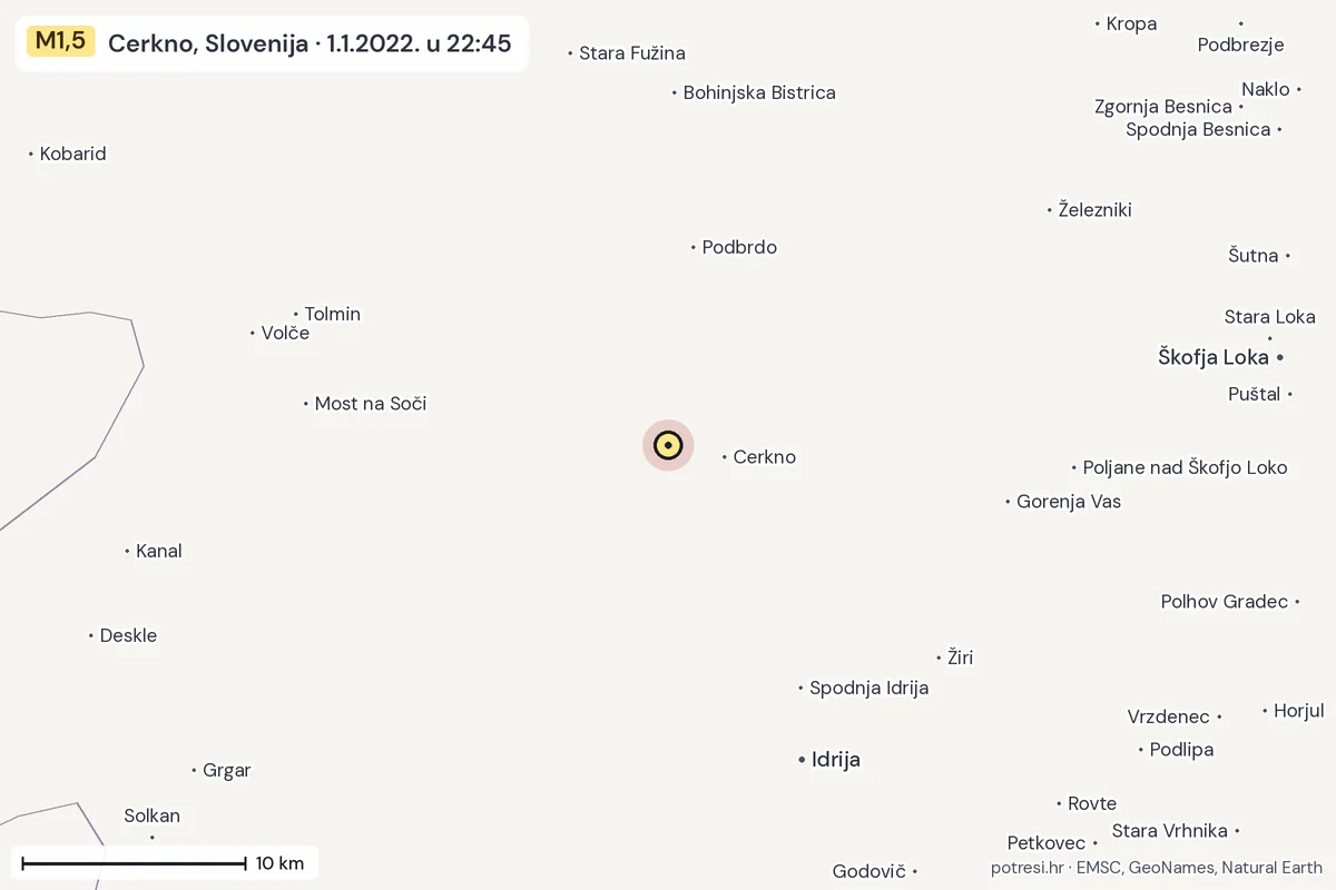 Karta: okolica epicentra, 60 km, potres M1,5, Cerkno, Slovenija, 1.1.2022.