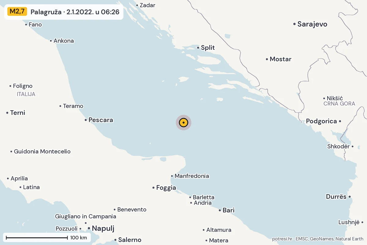 Karta: šire područje, 600 km, potres M2,7, Palagruža, 2.1.2022.