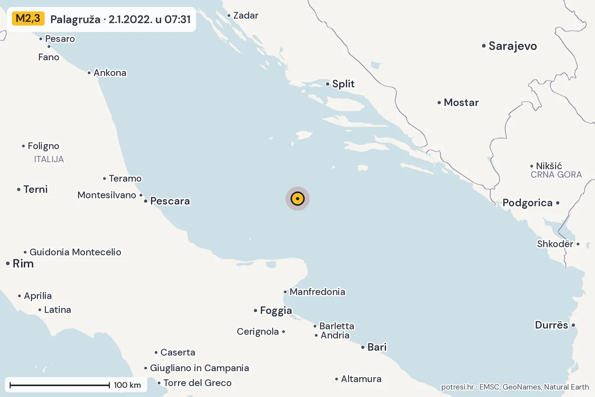 Karta: šire područje, 600 km, potres M2,3, Palagruža, 2.1.2022.