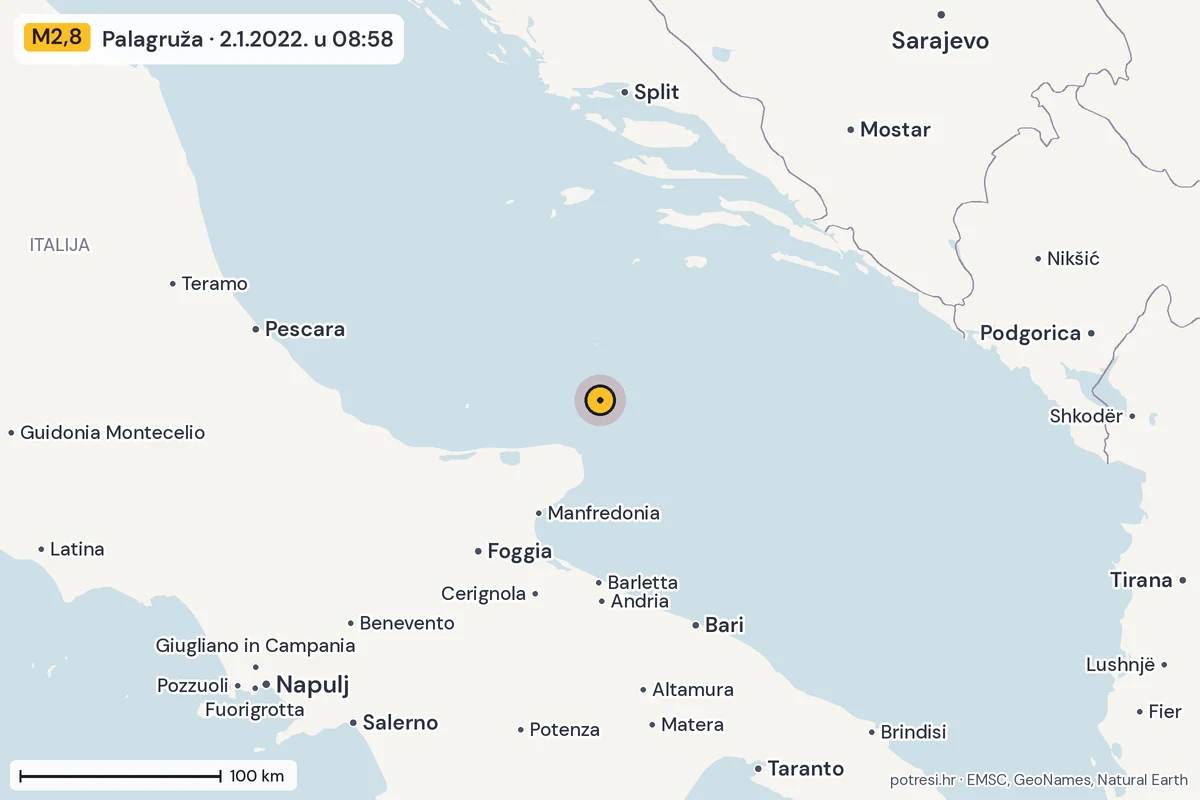 Karta: šire područje, 600 km, potres M2,8, Palagruža, 2.1.2022.