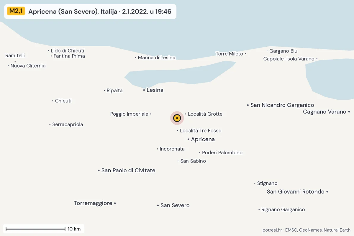 Karta: okolica epicentra, 60 km, potres M2,1, Apricena (San Severo), Italija, 2.1.2022.