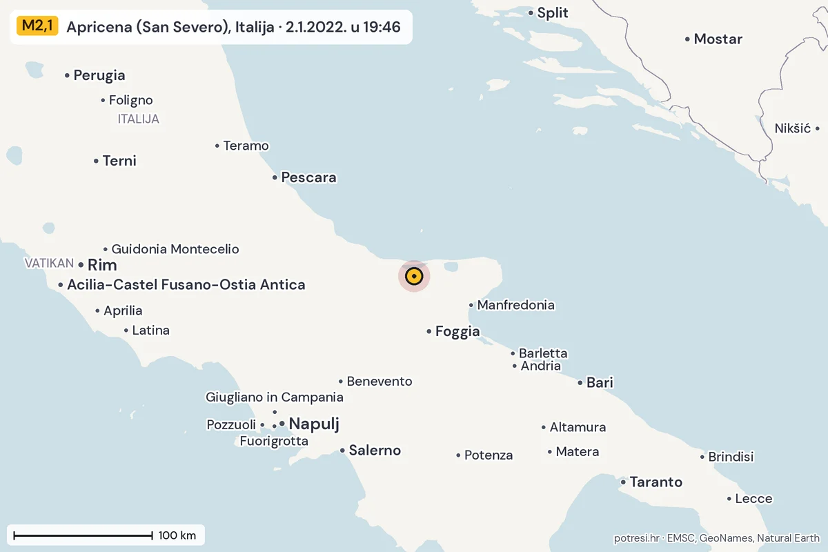 Karta: šire područje, 600 km, potres M2,1, Apricena (San Severo), Italija, 2.1.2022.