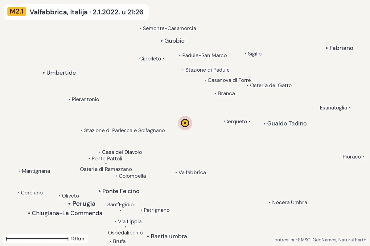Karta: okolica epicentra, 60 km, potres M2,1, Valfabbrica, Italija, 2.1.2022.