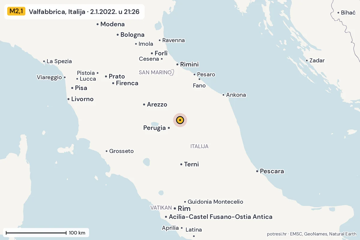 Karta: šire područje, 600 km, potres M2,1, Valfabbrica, Italija, 2.1.2022.