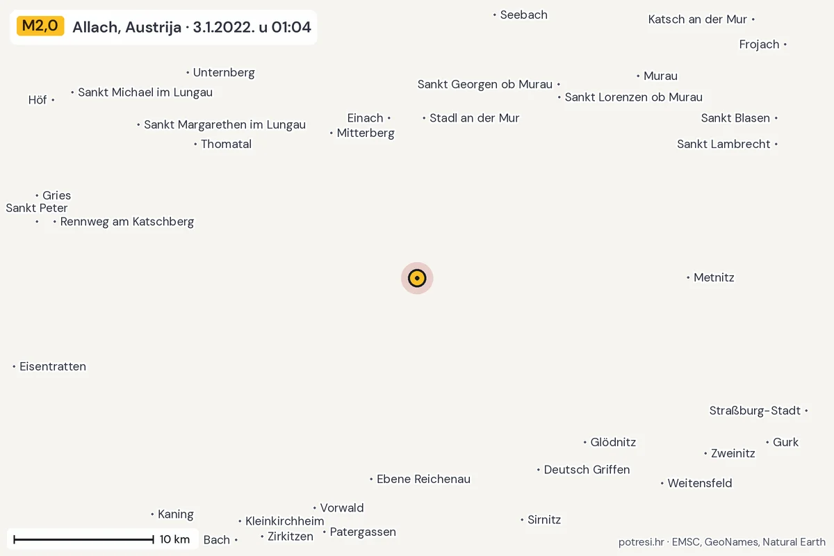 Karta: okolica epicentra, 60 km, potres M2,0, Allach, Austrija, 3.1.2022.