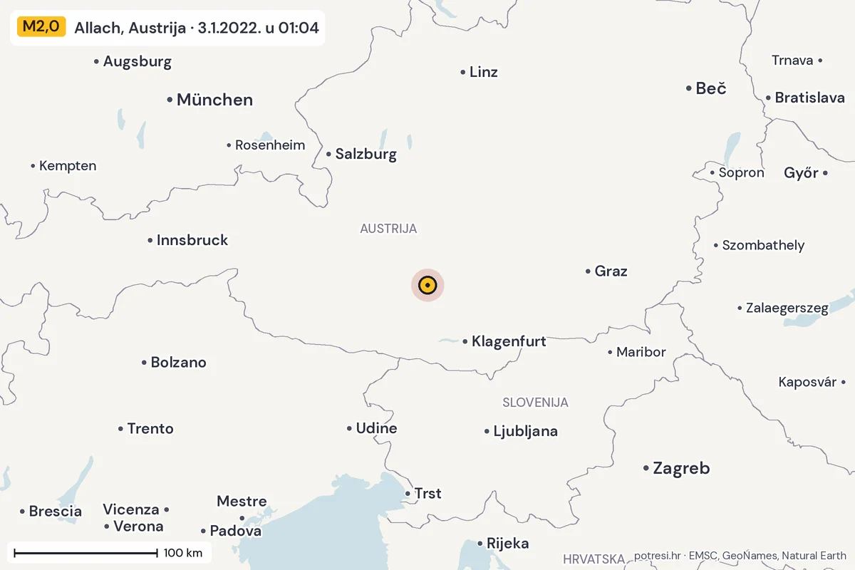 Karta: šire područje, 600 km, potres M2,0, Allach, Austrija, 3.1.2022.
