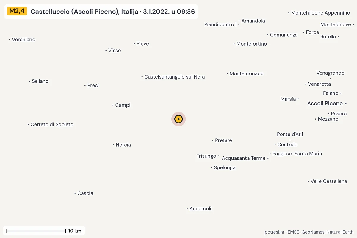 Karta: okolica epicentra, 60 km, potres M2,4, Castelluccio (Ascoli Piceno), Italija, 3.1.2022.