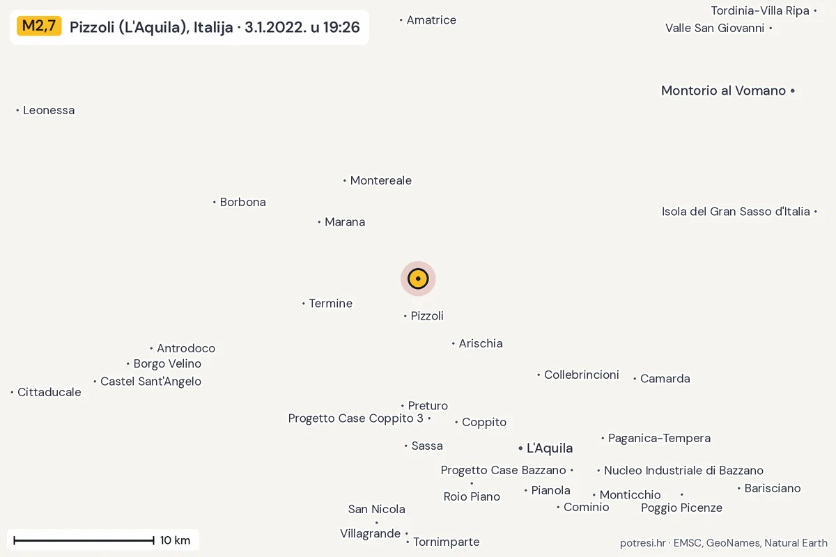 Karta: okolica epicentra, 60 km, potres M2,7, Pizzoli (L'Aquila), Italija, 3.1.2022.