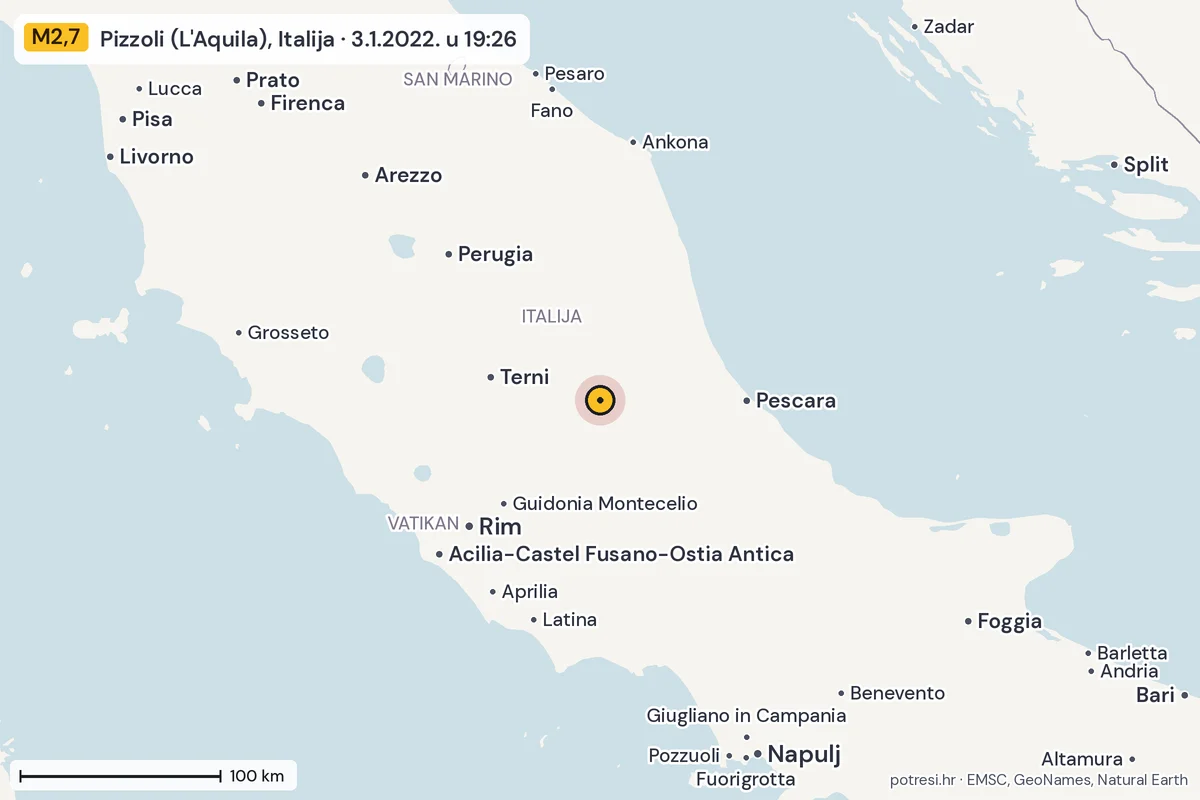 Karta: šire područje, 600 km, potres M2,7, Pizzoli (L'Aquila), Italija, 3.1.2022.