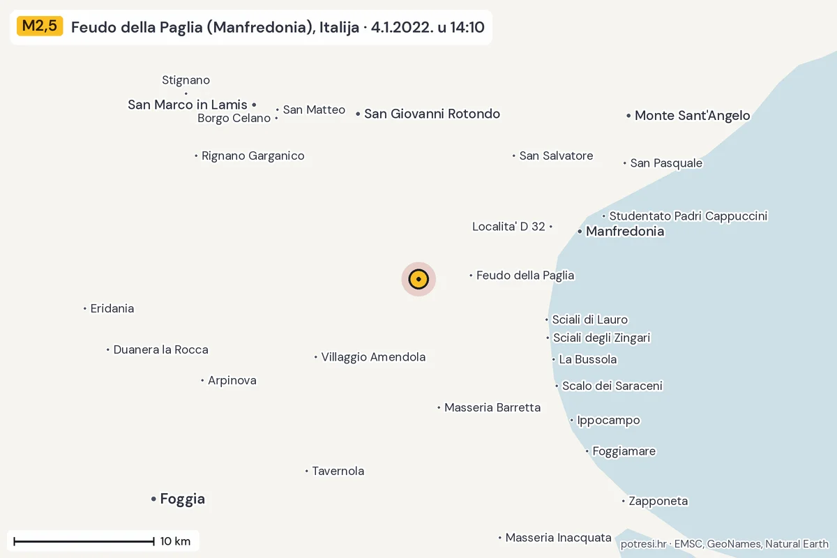 Karta: okolica epicentra, 60 km, potres M2,5, Feudo della Paglia (Manfredonia), Italija, 4.1.2022.