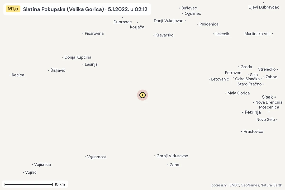 Karta: okolica epicentra, 60 km, potres M1,5, Slatina Pokupska (Velika Gorica), 5.1.2022.