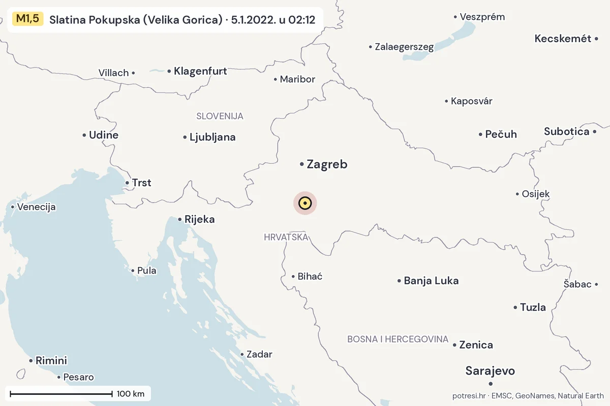 Karta: šire područje, 600 km, potres M1,5, Slatina Pokupska (Velika Gorica), 5.1.2022.