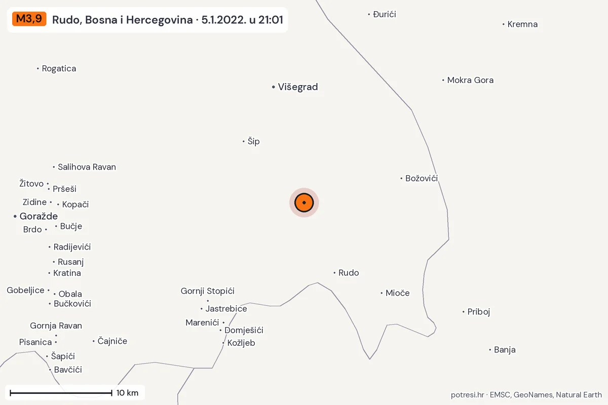 Karta: okolica epicentra, 60 km, potres M3,9, Rudo, Bosna i Hercegovina, 5.1.2022.
