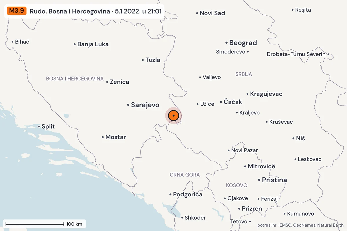 Karta: šire područje, 600 km, potres M3,9, Rudo, Bosna i Hercegovina, 5.1.2022.