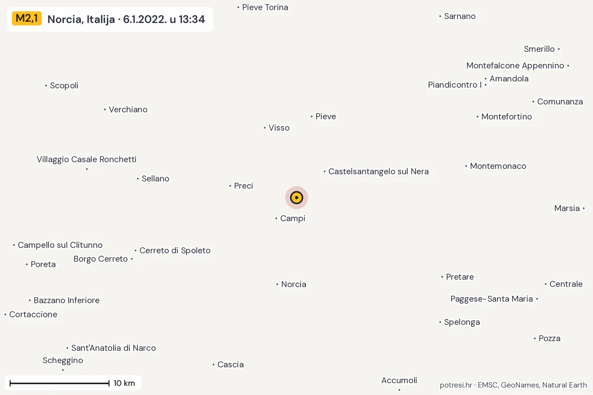 Karta: okolica epicentra, 60 km, potres M2,1, Norcia, Italija, 6.1.2022.