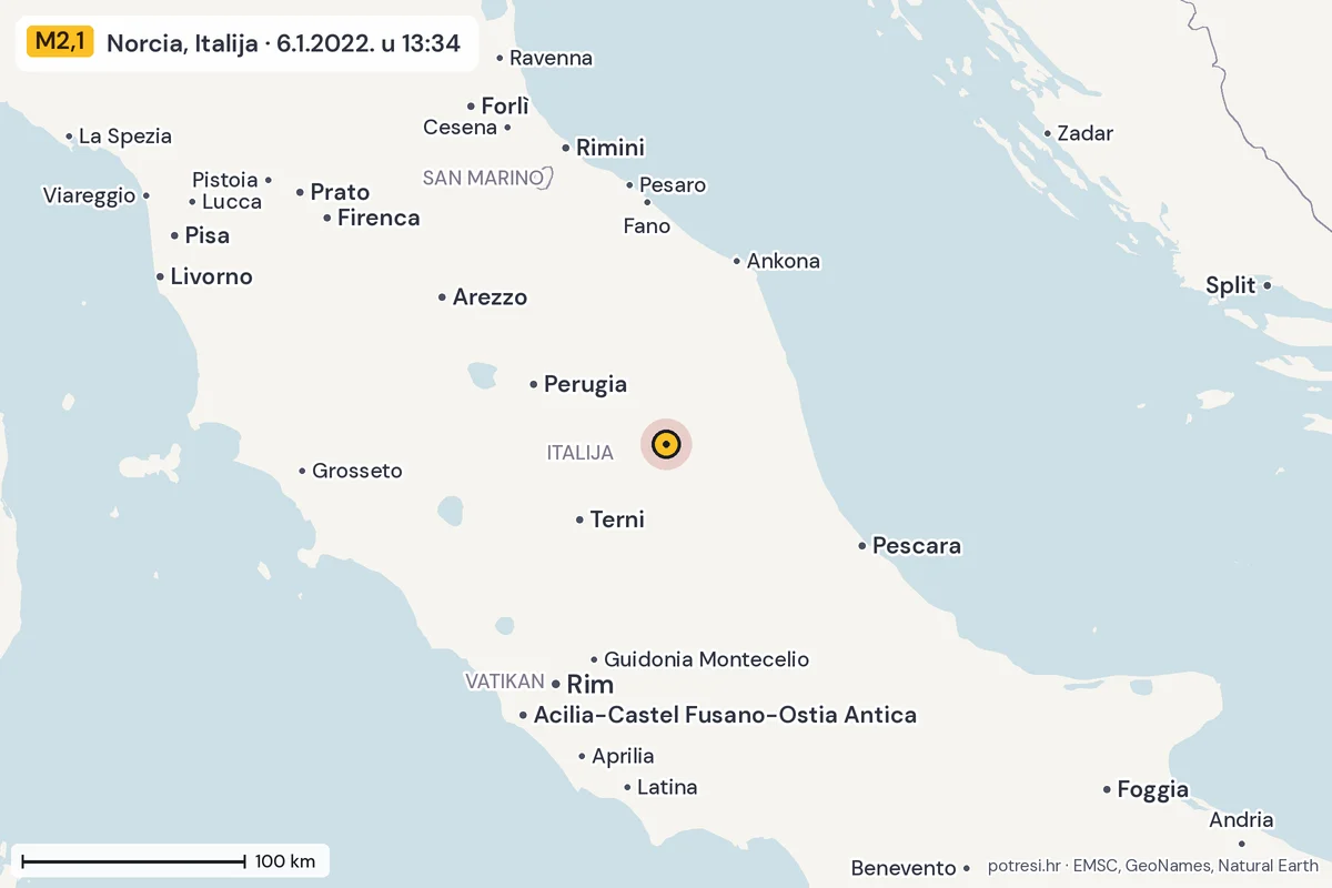 Karta: šire područje, 600 km, potres M2,1, Norcia, Italija, 6.1.2022.