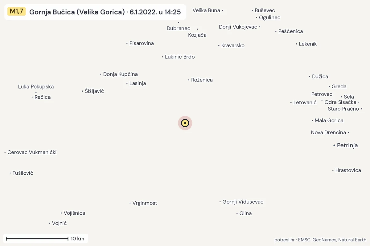 Karta: okolica epicentra, 60 km, potres M1,7, Gornja Bučica (Velika Gorica), 6.1.2022.