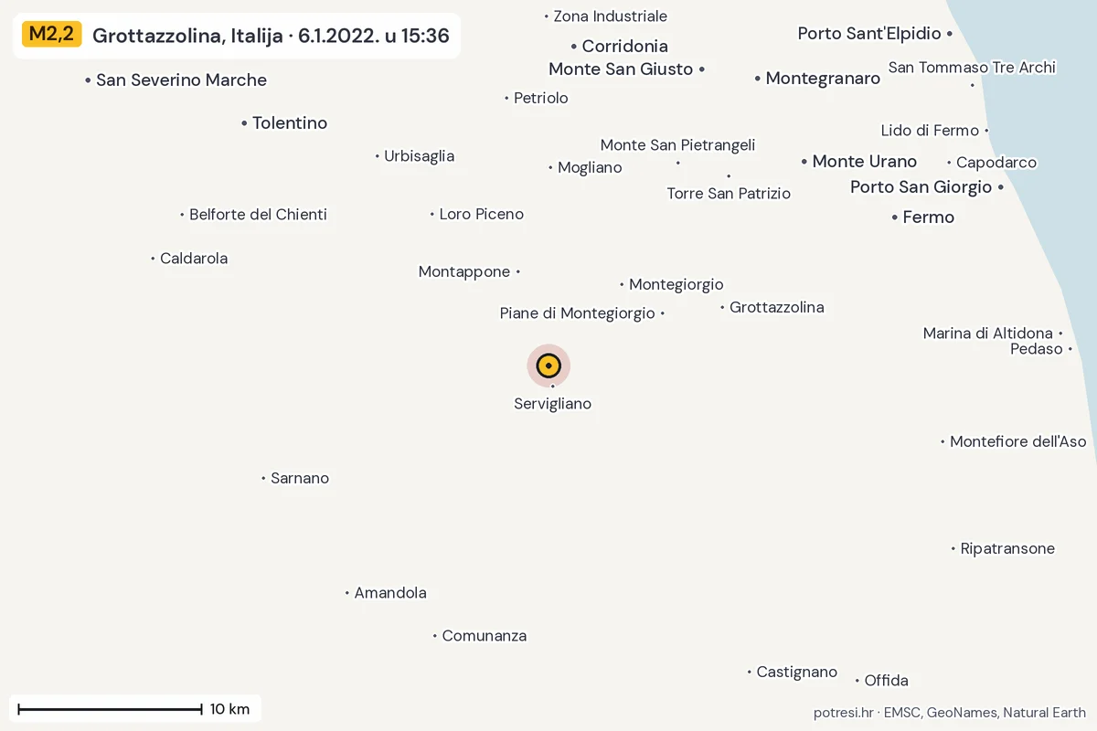 Karta: okolica epicentra, 60 km, potres M2,2, Grottazzolina, Italija, 6.1.2022.
