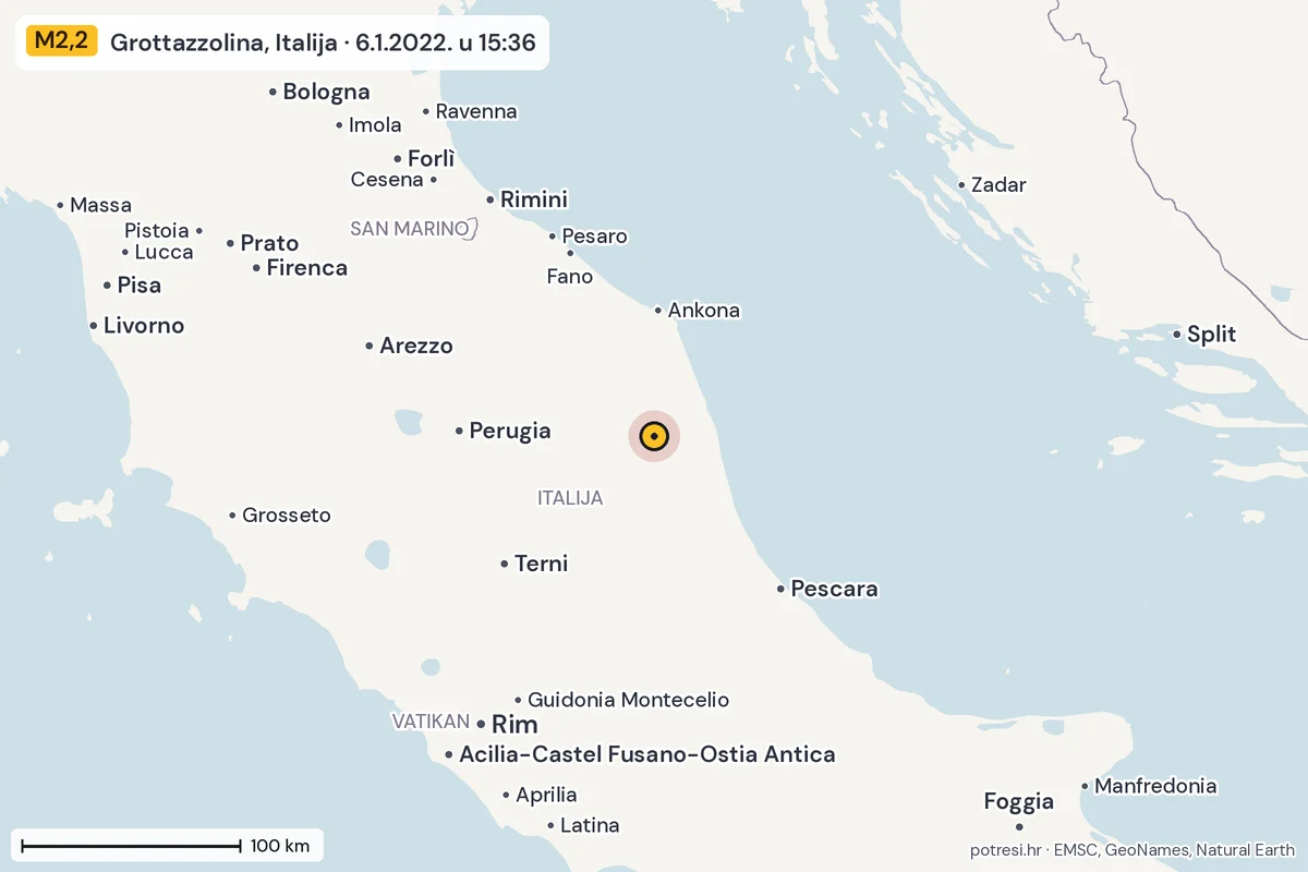 Karta: šire područje, 600 km, potres M2,2, Grottazzolina, Italija, 6.1.2022.