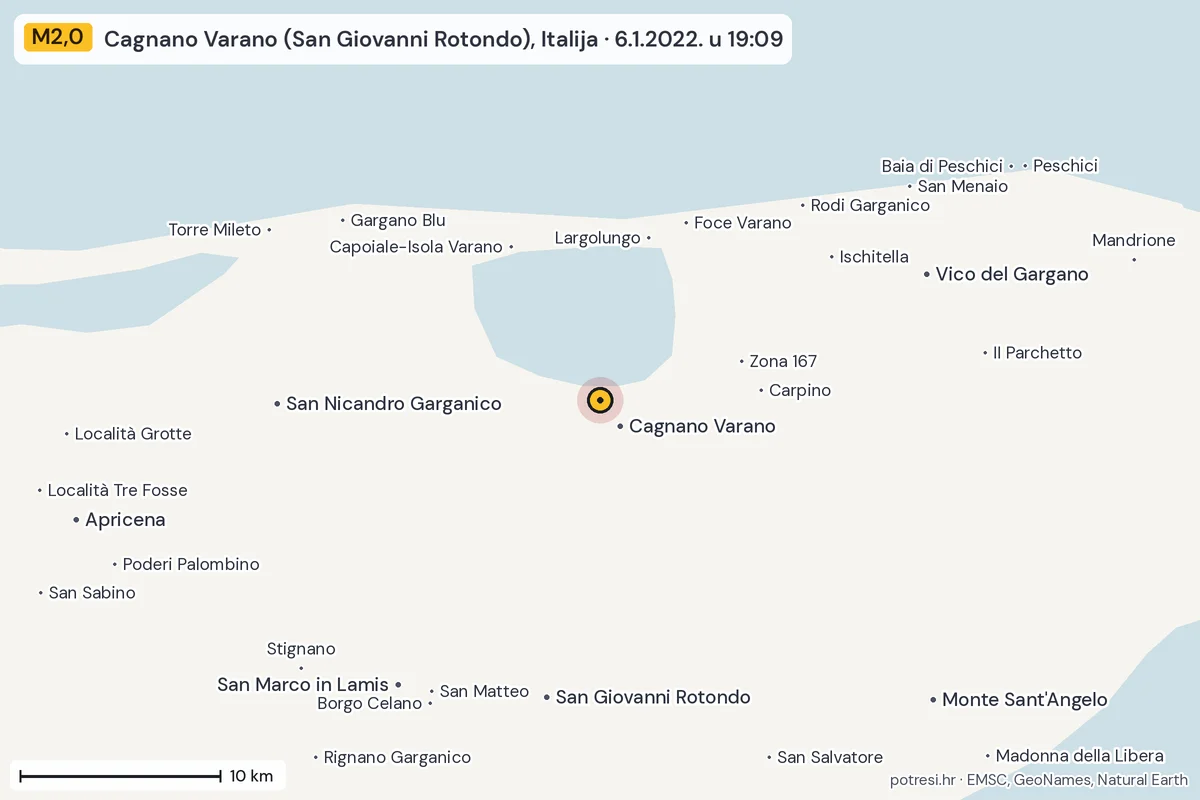 Karta: okolica epicentra, 60 km, potres M2,0, Cagnano Varano (San Giovanni Rotondo), Italija, 6.1.2022.